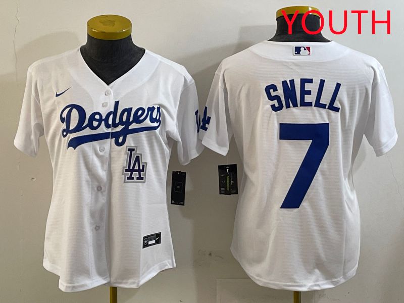 Youth Los Angeles Dodgers 7 Snell White Game 2025 Nike MLB Jersey style 9
